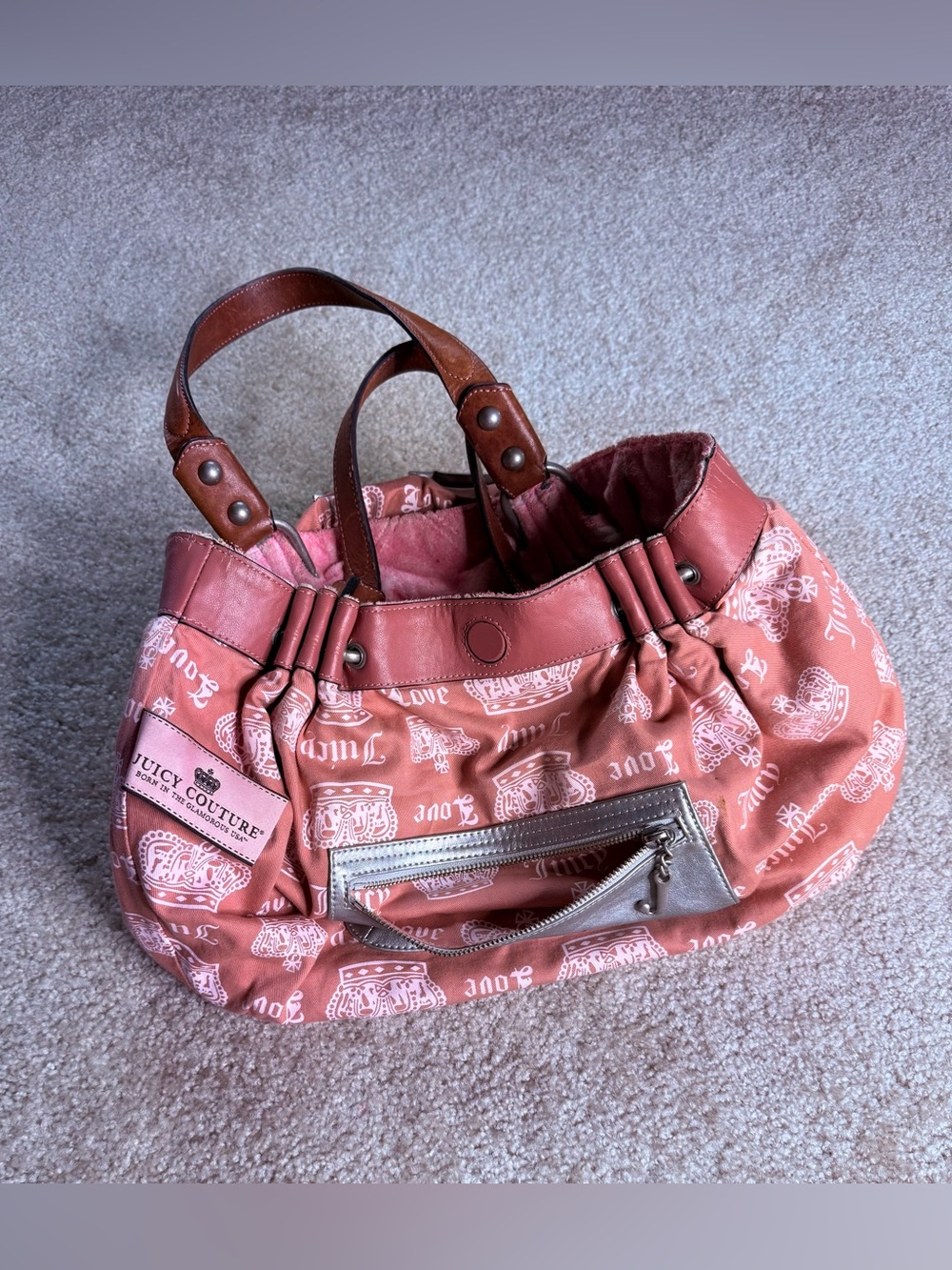 Juicy Couture Pink Shoulder Tote with Brown Leather Trim - Picture 4 of 16